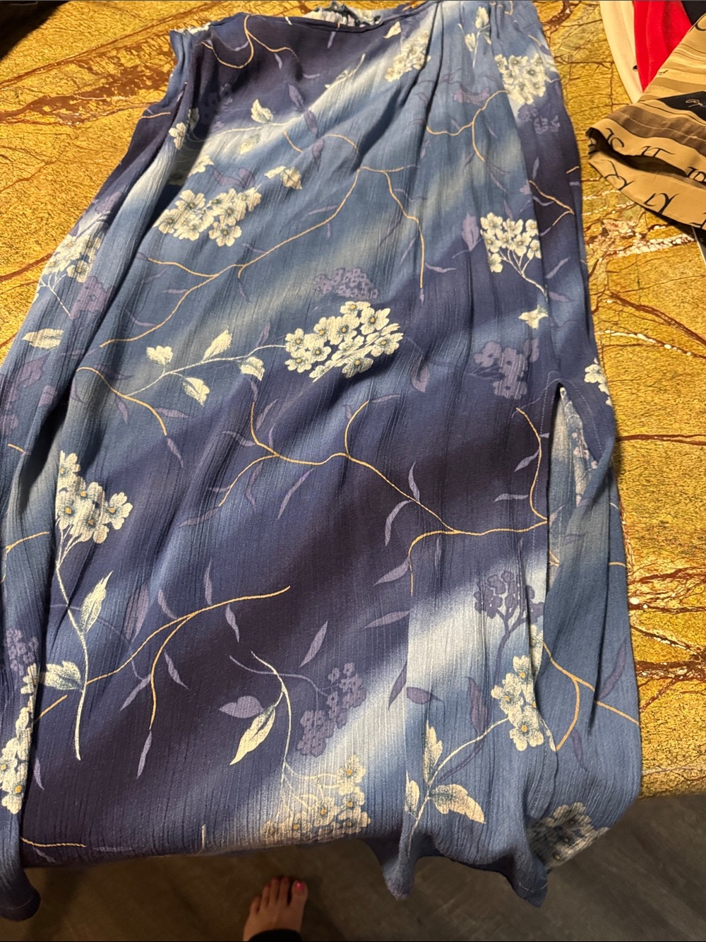 Tory Burch Navy Floral Pleated Maxi Skirt with Gold Vine Detail